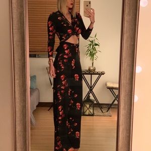 Jumpsuit - floral black with hot pink and red